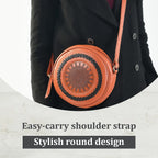 100% Genuine Leather Weaving Round Crossbody Bag - Brown