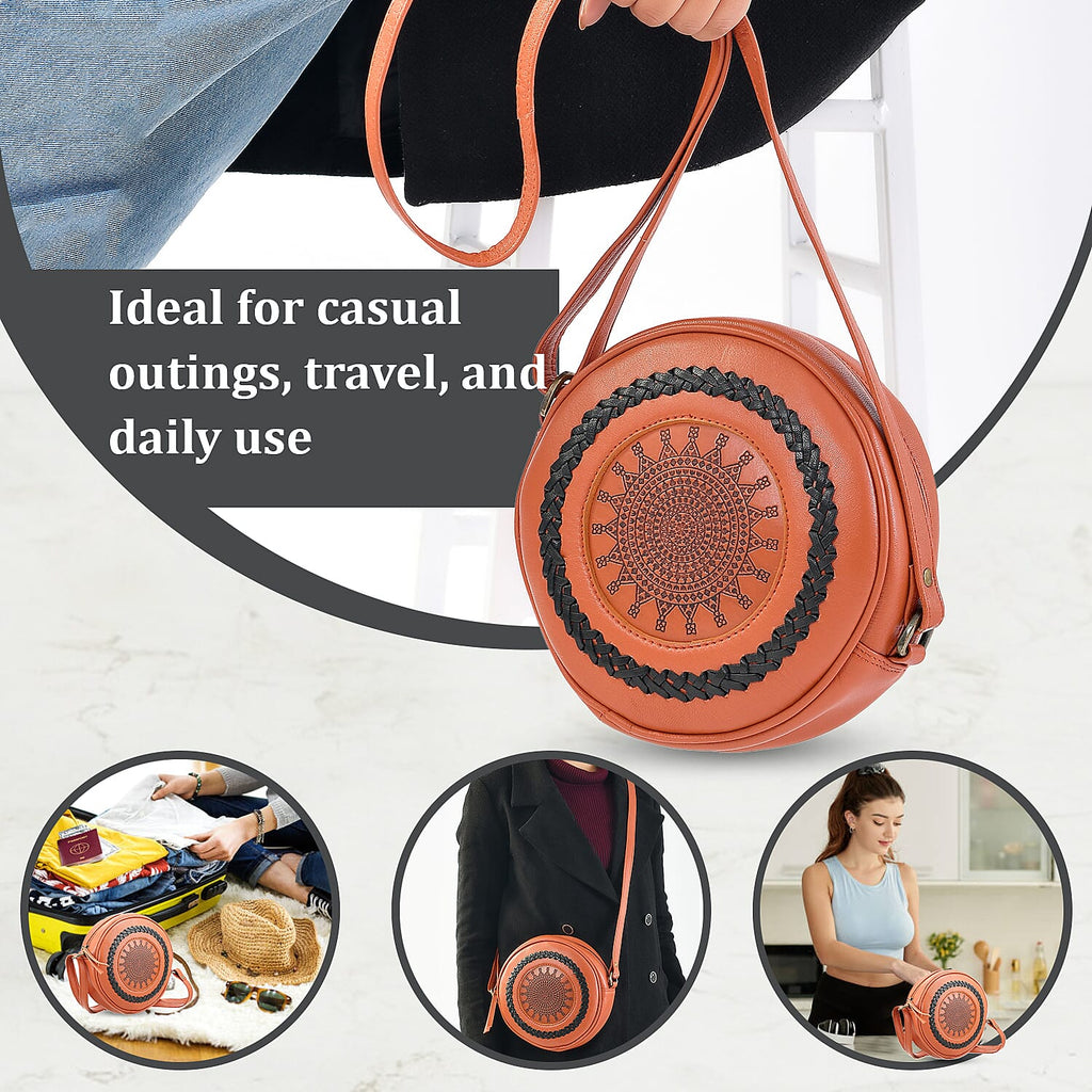 100% Genuine Leather Weaving Round Crossbody Bag - Brown