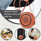 100% Genuine Leather Weaving Round Crossbody Bag - Brown