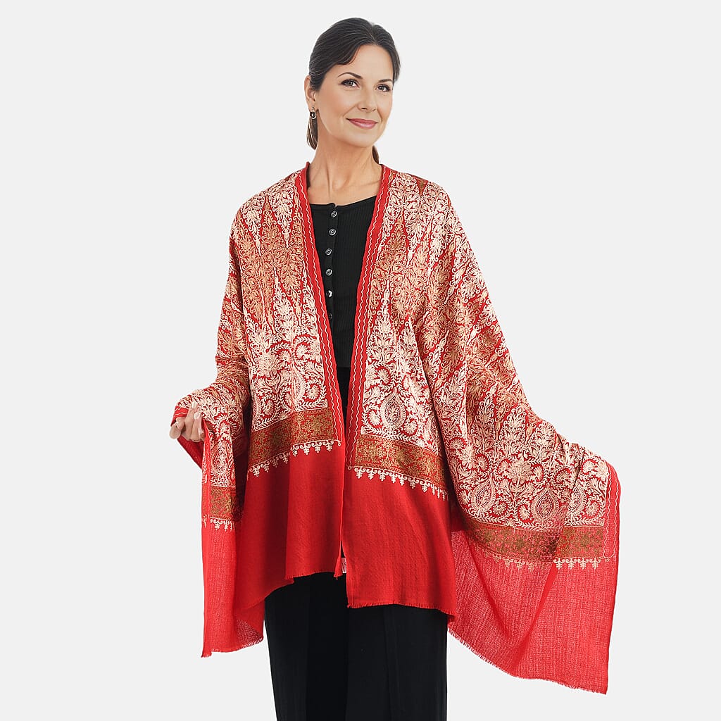 100% Merino Wool Silk Shawl with Hand Embroidered in Kashmir - Free 6ml Concentrated Rose Oil - Red