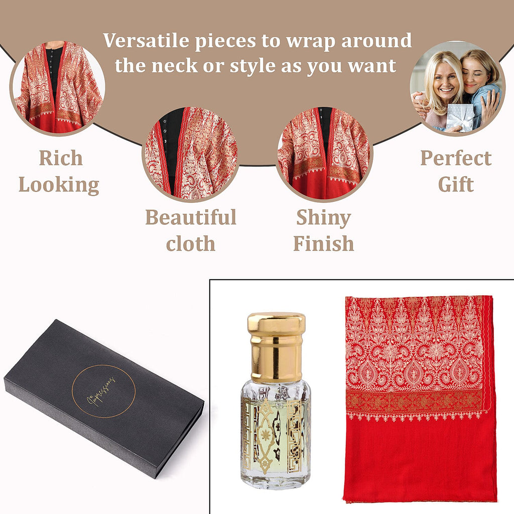 100% Merino Wool Silk Shawl with Hand Embroidered in Kashmir - Free 6ml Concentrated Rose Oil - Red