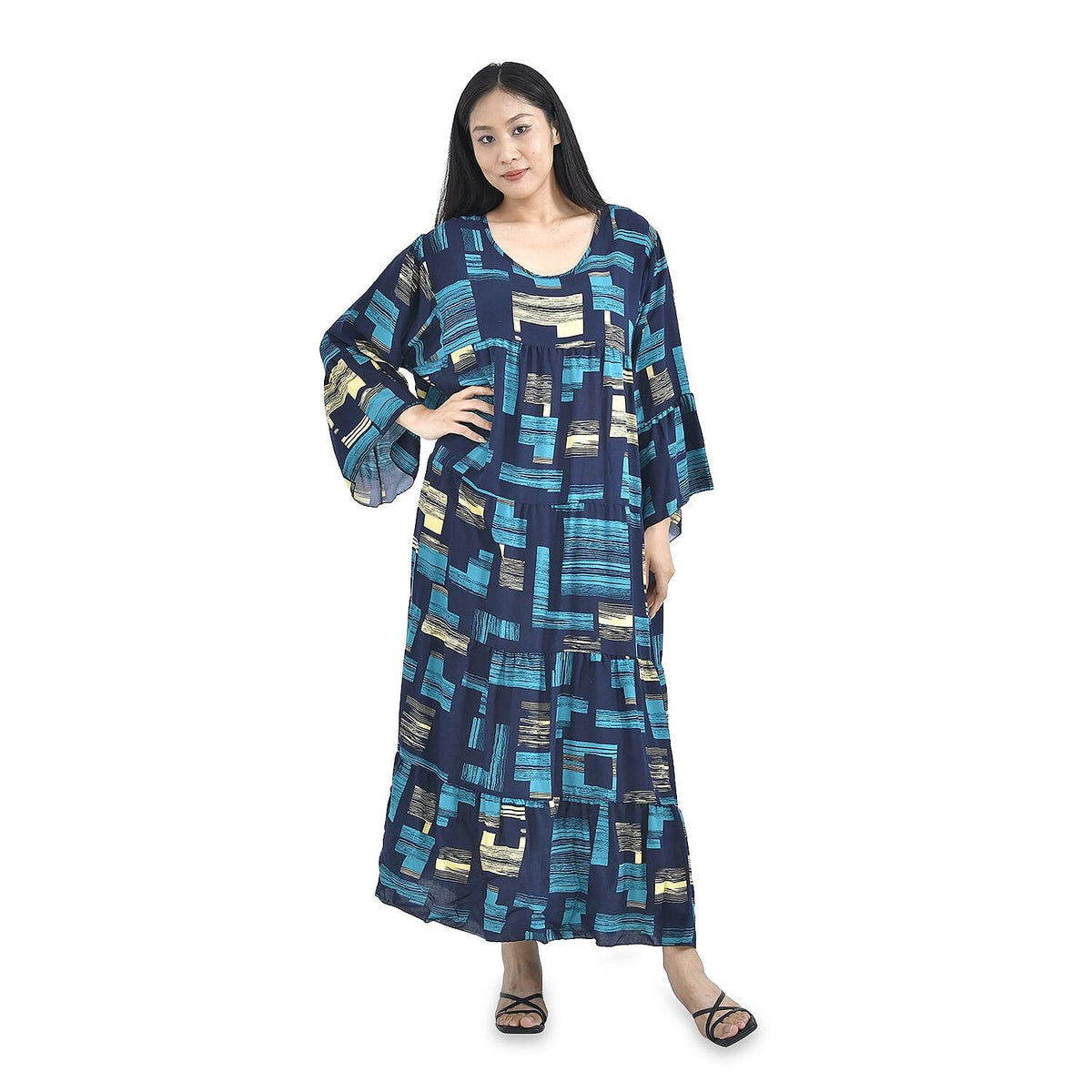 Geometric Pattern Long Dress - Light Blue and Black 8836140 0