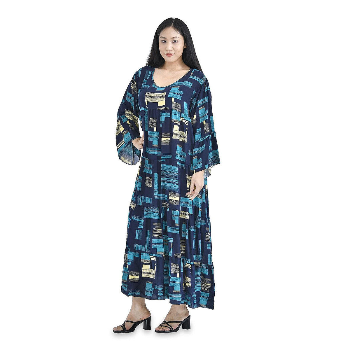 Geometric Pattern Long Dress - Light Blue and Black 8836140 3