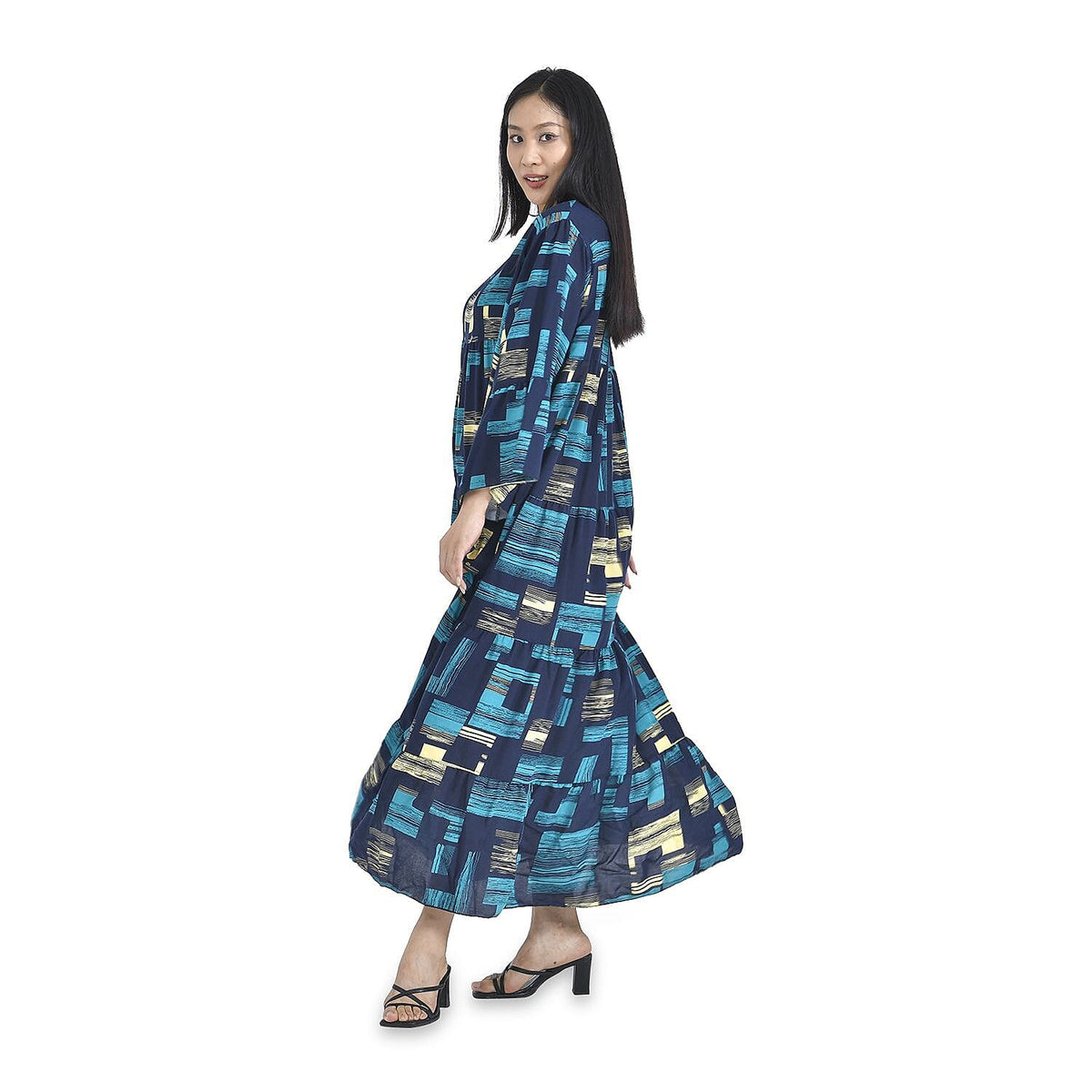 Geometric Pattern Long Dress - Light Blue and Black 8836140 4