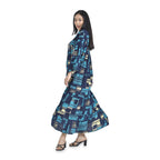 100% Viscose Geometric Pattern Long Dress (Size 12-22) - Light Blue & Black