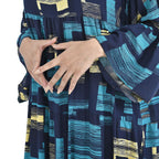 100% Viscose Geometric Pattern Long Dress (Size 12-22) - Light Blue & Black