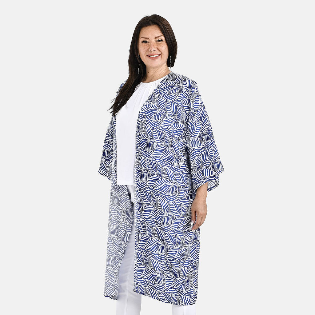 100% Viscose Printed Long Kimono (Size 8-20) - Blue