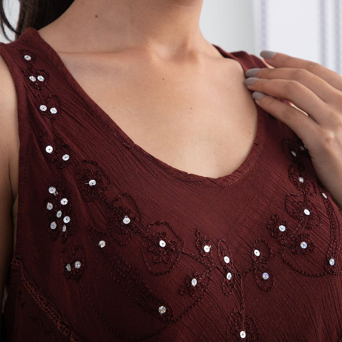TAMSY Sequin Embroidered Umbrella Dress with Pockets  - Caramel Brown 6840964 4