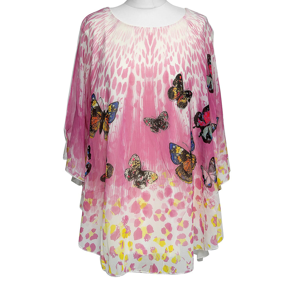 100% Viscose and Cotton Floral and Butterfly Watercolour Print Floaty Chiffon Top (Size-8-16) - Pink