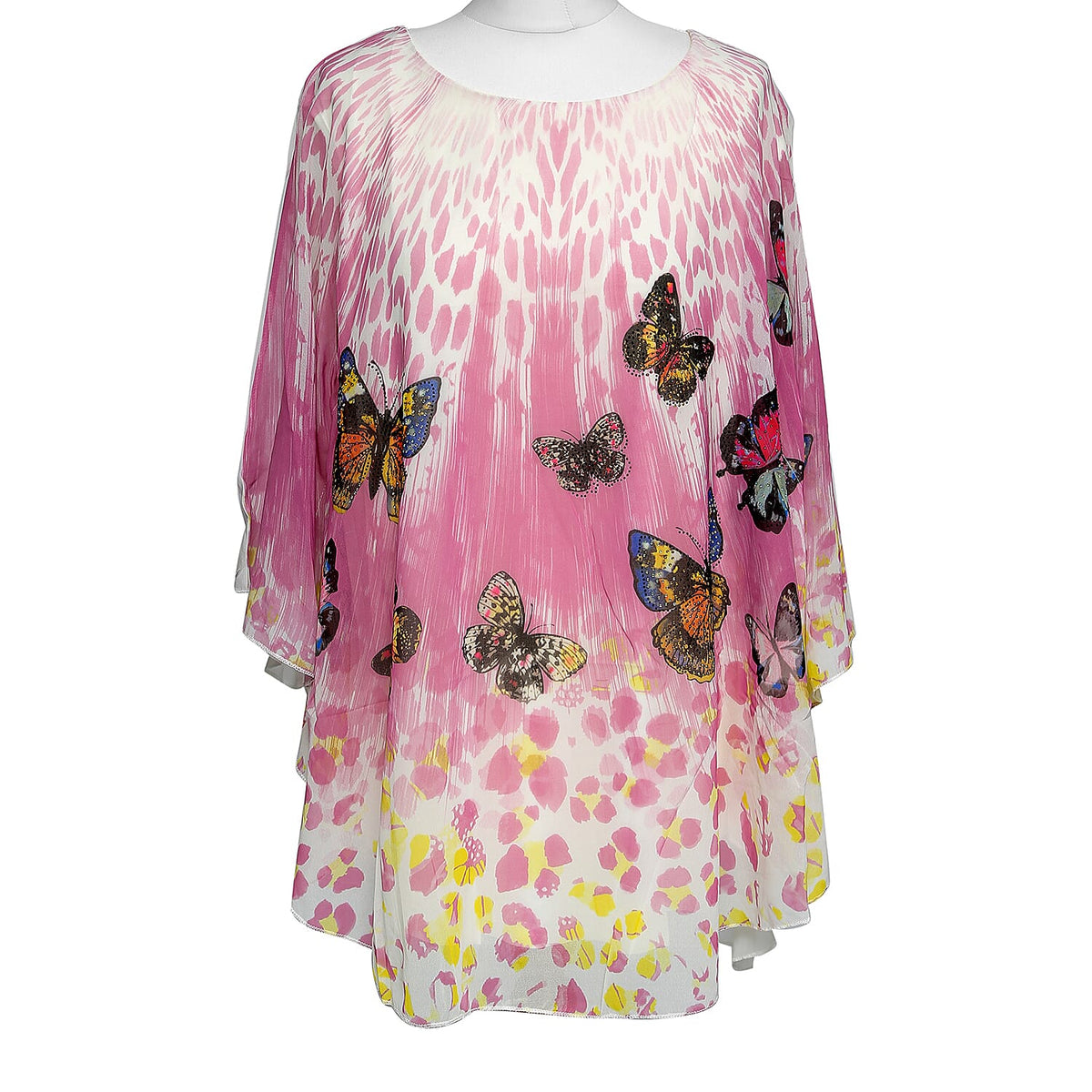 100% Viscose and Cotton Floral and Butterfly Watercolour Print Floaty Chiffon Top (Size-8-16) - Pink 6711062 0