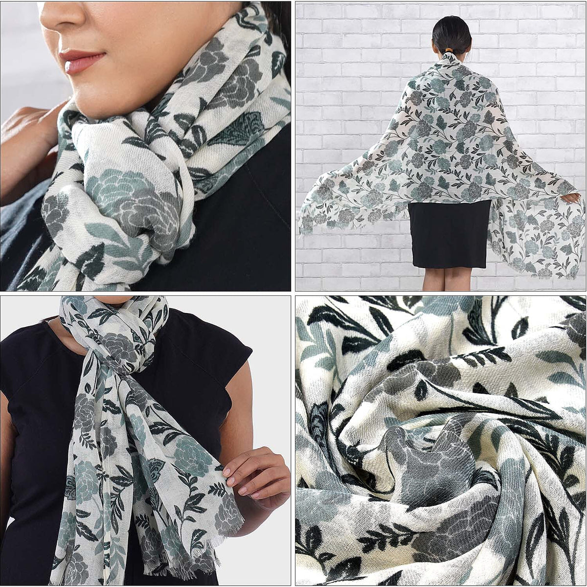 100% Wool Leaf Pattern Scarf (Size 180x70 cm) - Light Green 7253256 4