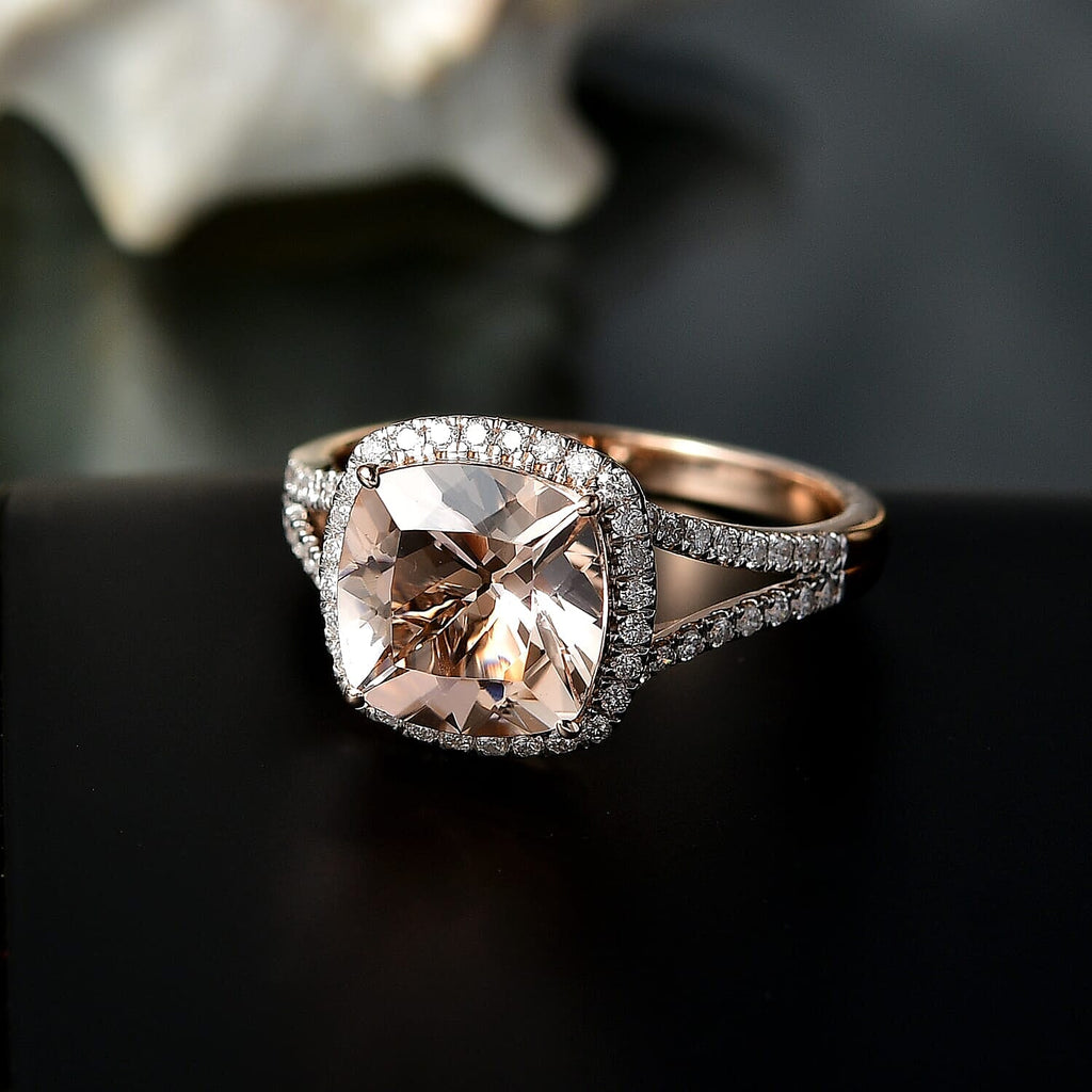 10K Rose Gold AAA Morganite, White Diamond I2 Main Stone With Side Stone Ring, Gold Wt.3.5 Gms  3.940  Ct.