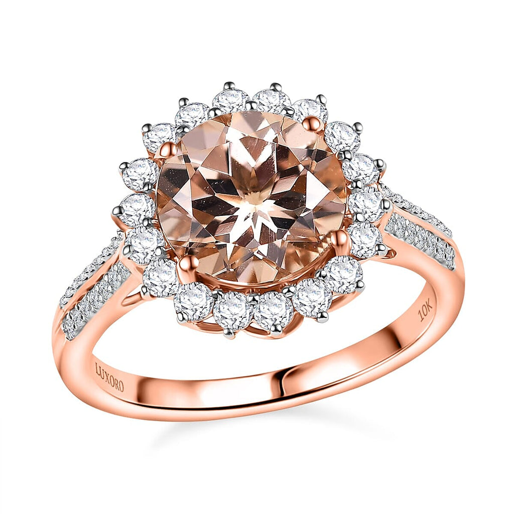 10K Rose Gold AAA Morganite, White Diamond I2 Main Stone With Side Stone Ring, Gold Wt.3.5 Gms  4.088  Ct.