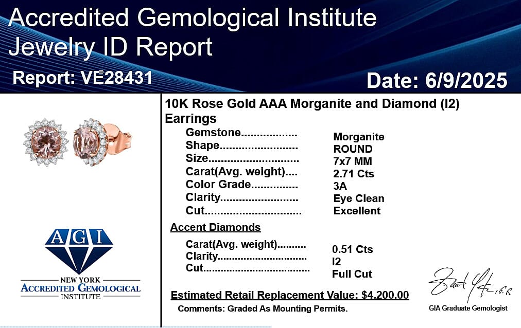 Certified &amp; Appraised LUXORO AAA Morganite, White Diamond Halo Push Post Earring in 10K Rose Gold, (I2) 3.22 Ct. 8084332 7