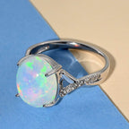 10K White Gold AGI Certified AAA Ethiopian Opal & White Diamond (I1-G-H) Solitiare Ring 3.20 Ct.
