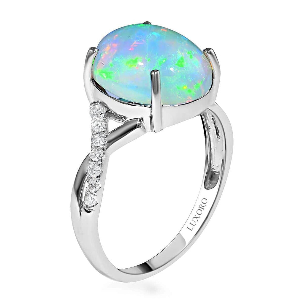 10K White Gold AGI Certified AAA Ethiopian Opal & White Diamond (I1-G-H) Solitiare Ring 3.20 Ct.