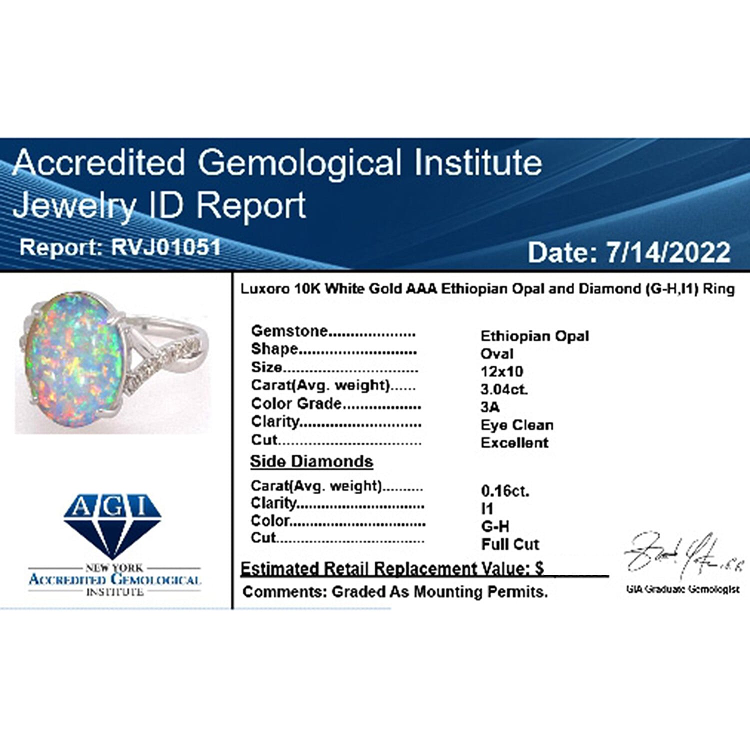 Appraised and Certified 3.2 Ct. Ethiopian Opal, Diamond Solitaire Ring in 10K White Gold 7134545 7
