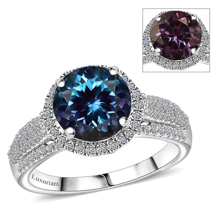 Certified &amp; Appraised LUXURIANT 10K White Gold AAA Lab Grown Colour Change Alexandrite, Lab Grown Diamond EF, VS Halo Ring 4.44 Ct. 8050010 1