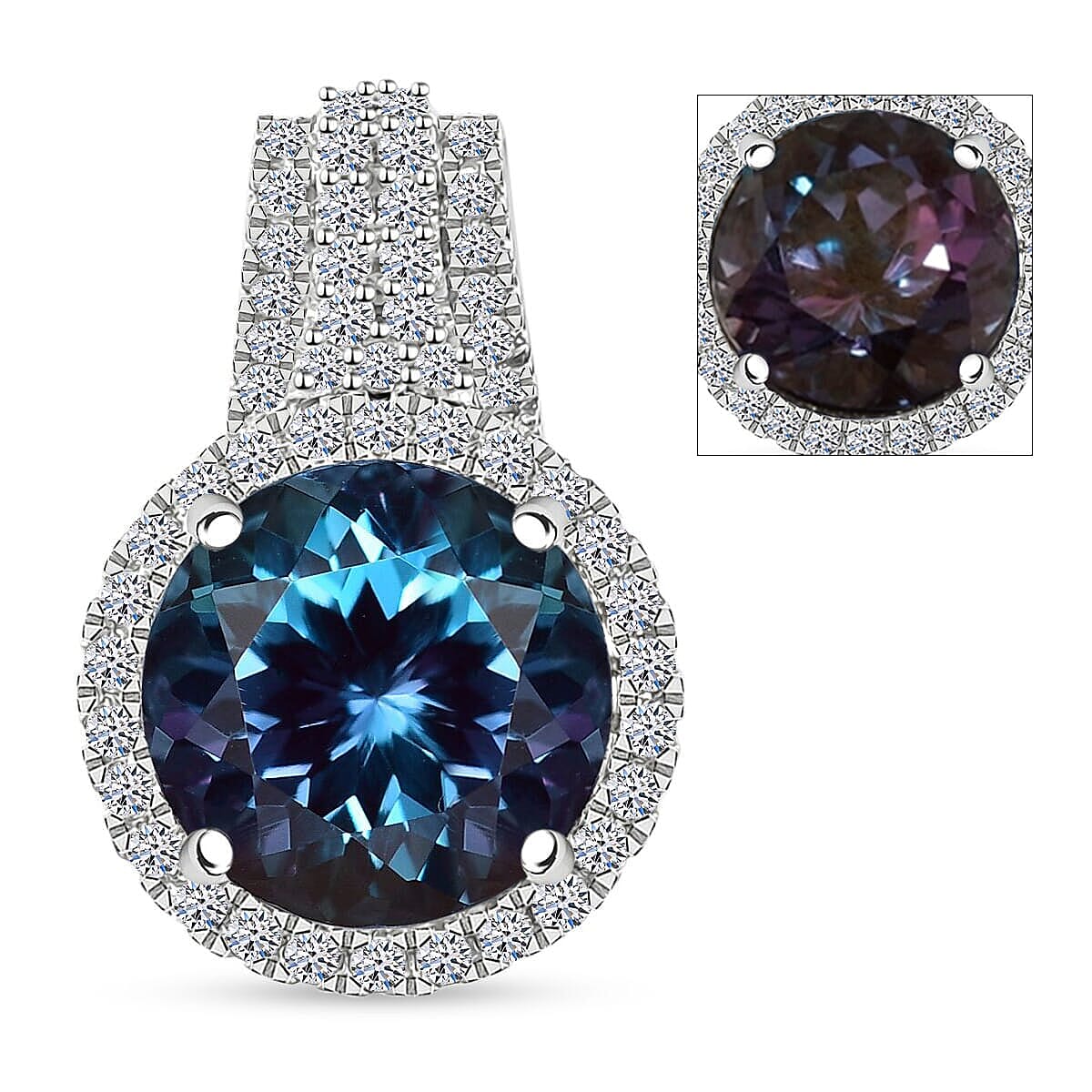 Certified and Appraised LUXURIANT 10K White Gold AAA Lab Grown Colour Change Alexandrite, Lab Grown Diamond EF, VS Halo Pendant 4.19 Ct. 8050071 0