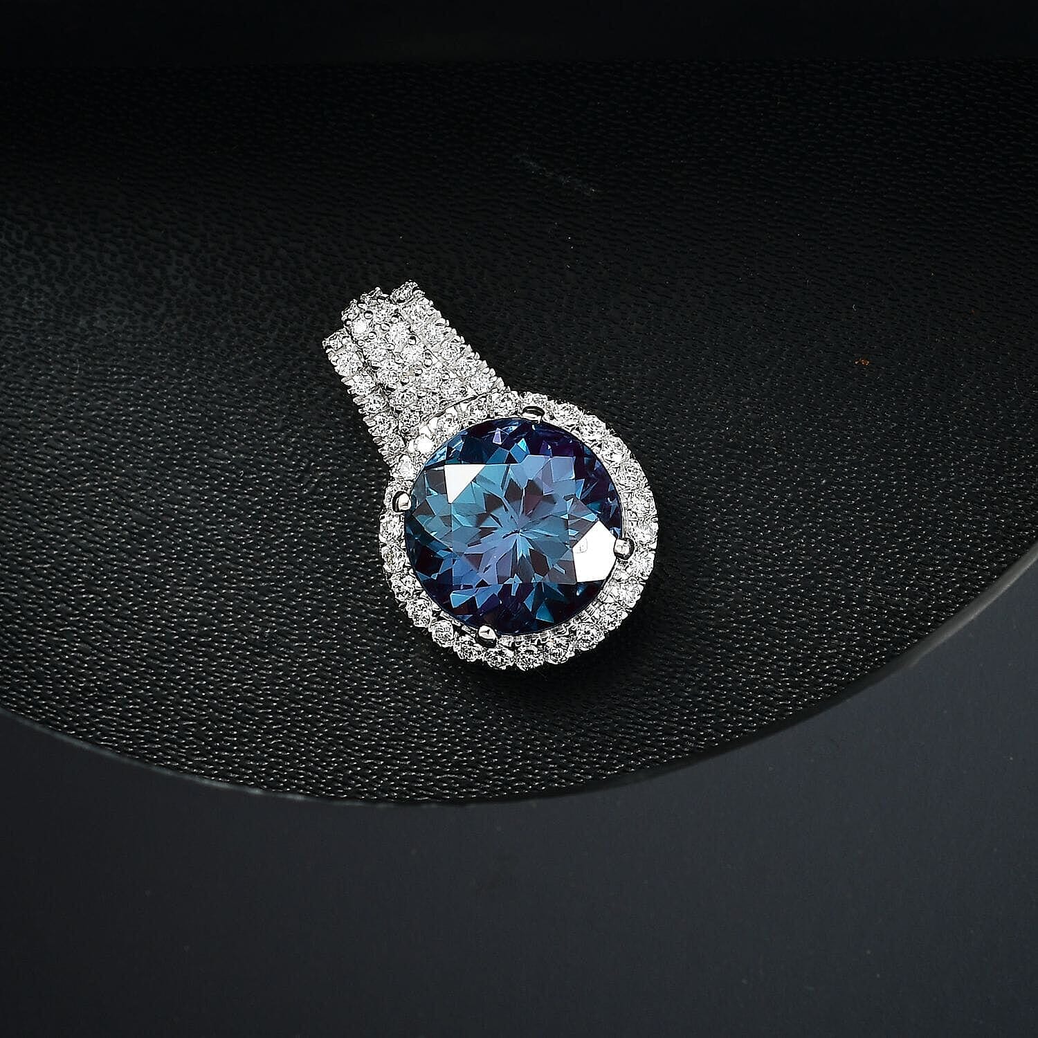 Certified and Appraised LUXURIANT 10K White Gold AAA Lab Grown Colour Change Alexandrite, Lab Grown Diamond EF, VS Halo Pendant 4.19 Ct. 8050071 1