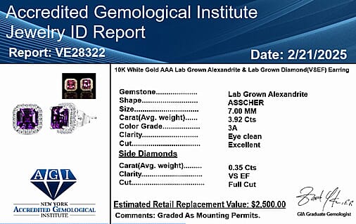 Certified &amp; Appraised LUXURIANT AAA Lab Grown Alexandrite, Lab Grown Diamond Halo Push Post Earring in 10K White Gold (EF, VS) 4.27 Ct. 8050072 6