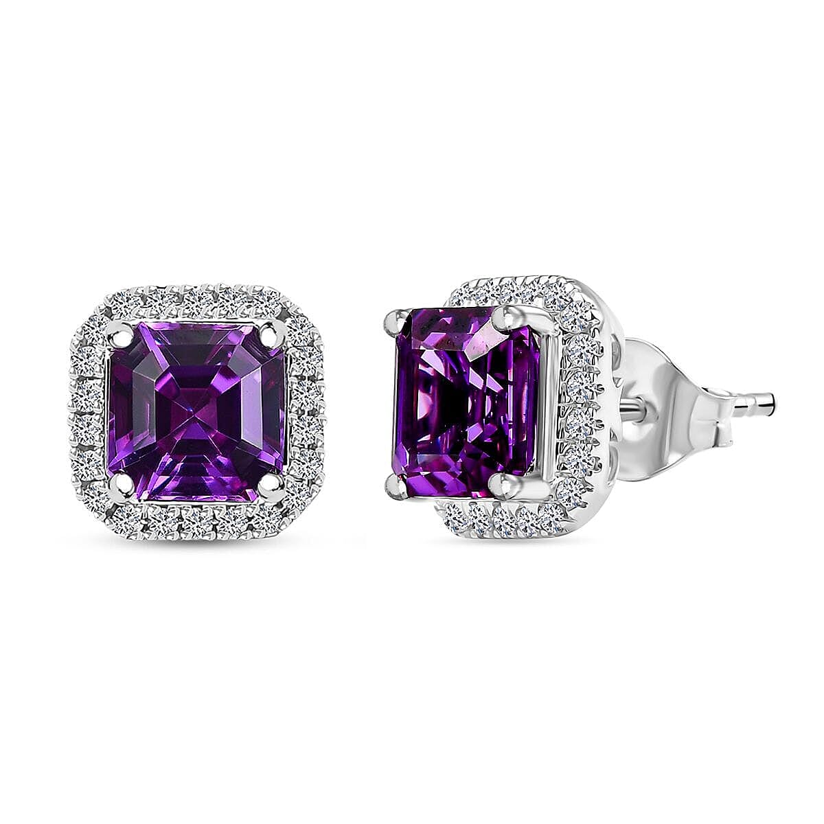Certified &amp; Appraised LUXURIANT AAA Lab Grown Purple Sapphire, Lab Grown Diamond Halo Push Post Earring in 10K White Gold (EF, VS) 5.16 Ct. 8049805 0