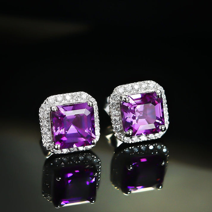 Certified &amp; Appraised LUXURIANT AAA Lab Grown Purple Sapphire, Lab Grown Diamond Halo Push Post Earring in 10K White Gold (EF, VS) 5.16 Ct. 8049805 2