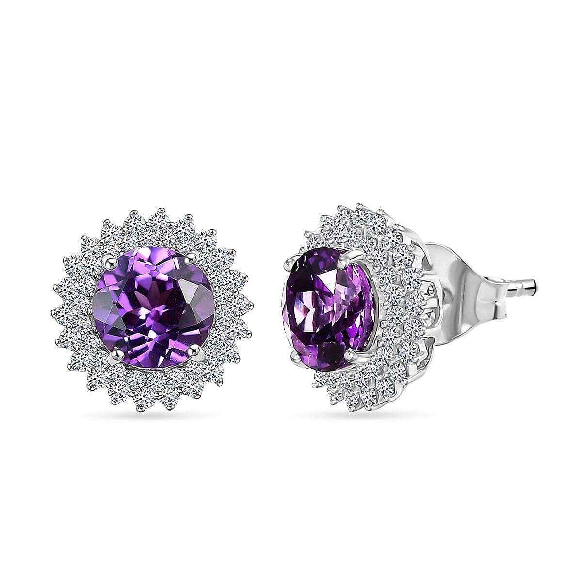 Certified &amp; Appraised LUXURIANT AAA Lab Grown Purple Sapphire, Lab Grown Diamond Halo Push Post Earring in 10K White Gold (VS/EF) 4.54 Ct. 8049989 0