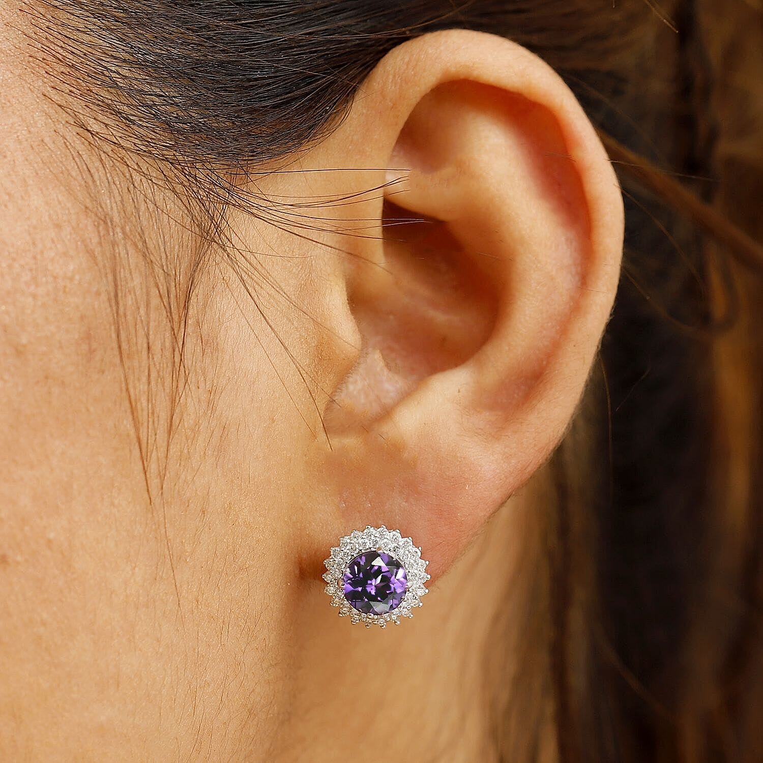 Certified &amp; Appraised LUXURIANT AAA Lab Grown Purple Sapphire, Lab Grown Diamond Halo Push Post Earring in 10K White Gold (VS/EF) 4.54 Ct. 8049989 3