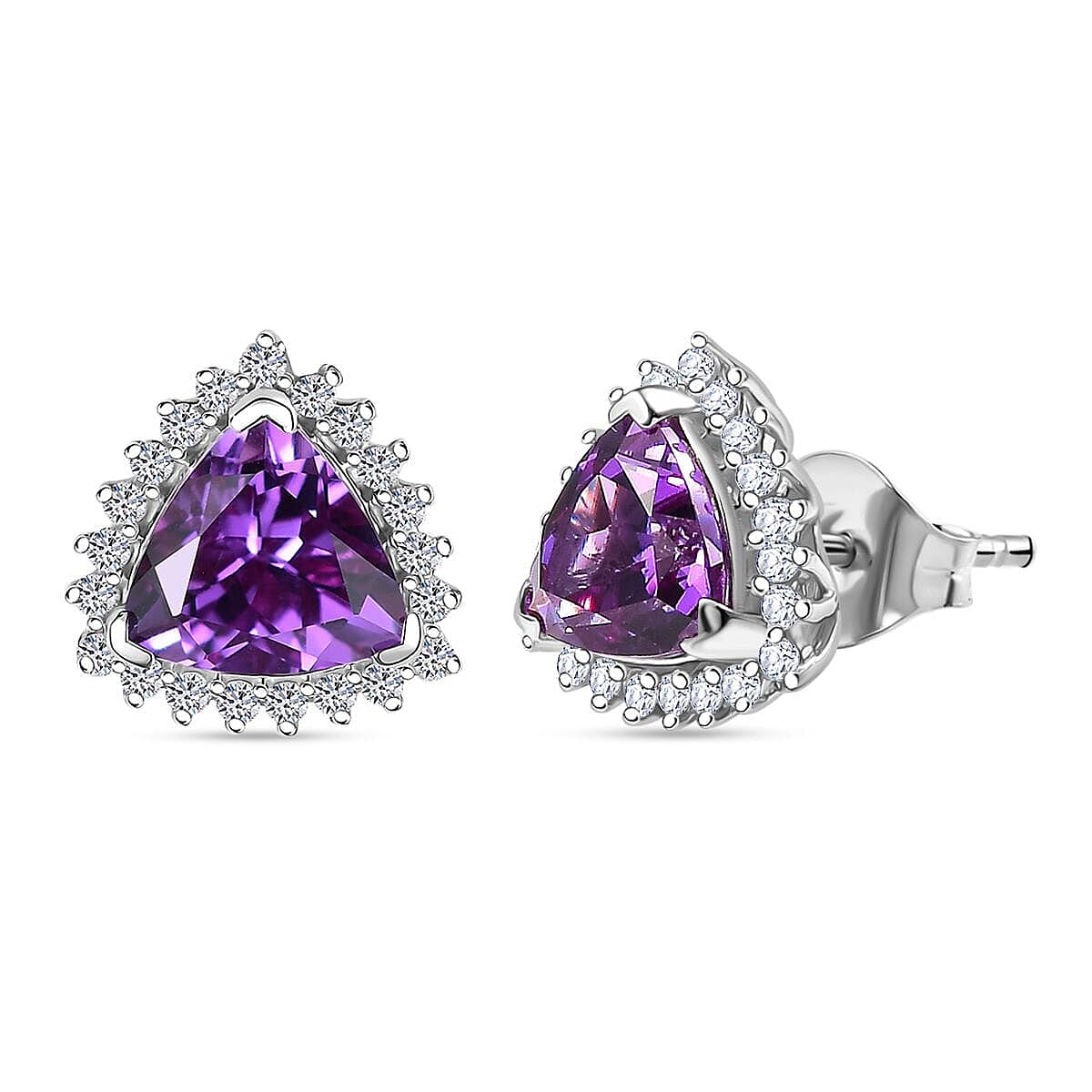 Certified &amp; Appraised LUXURIANT AAA Lab Grown Purple Sapphire, Lab Grown Diamond Halo Push Post Earring in 10K White Gold (EF, VS) 3.31 Ct. 8049990 0