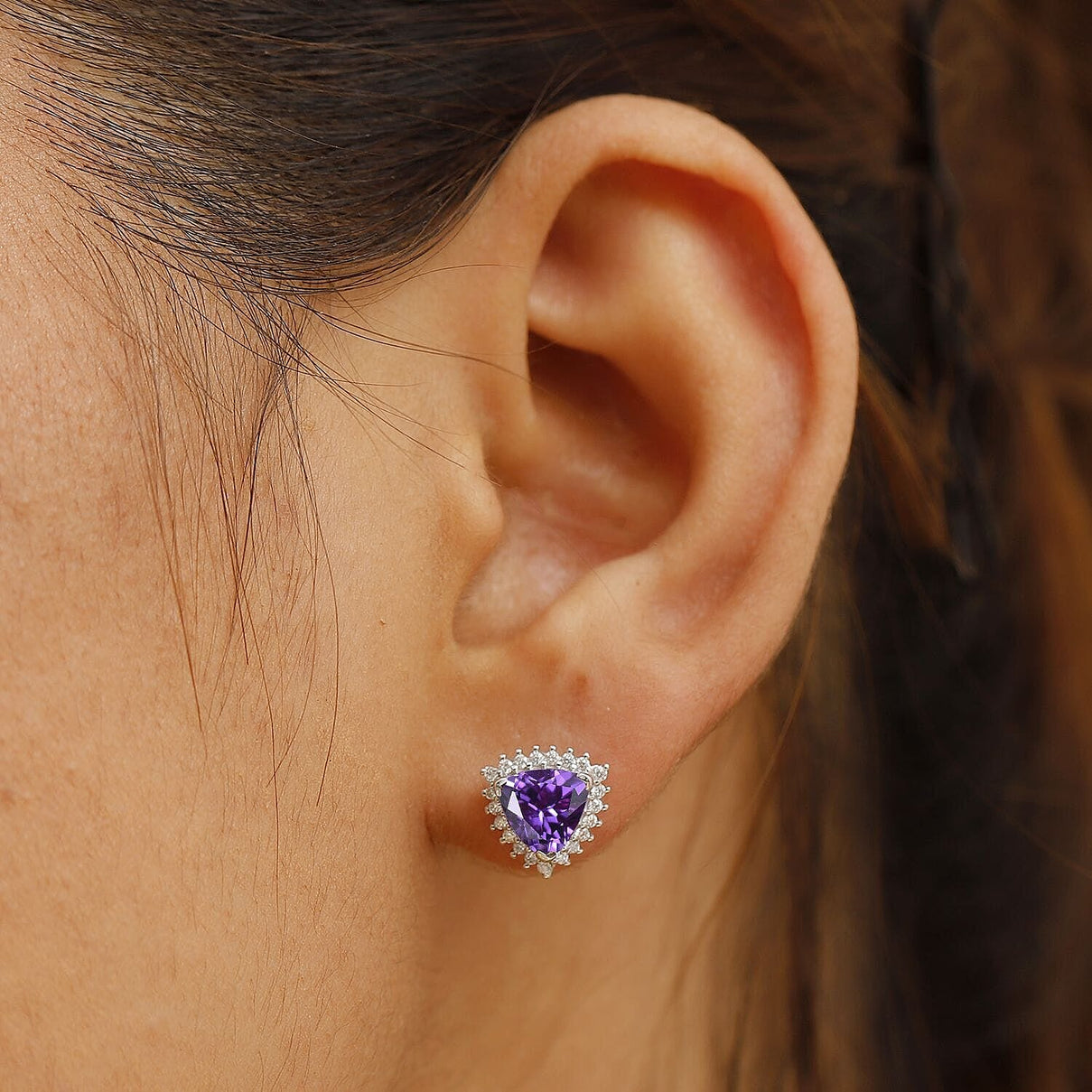 Certified &amp; Appraised LUXURIANT AAA Lab Grown Purple Sapphire, Lab Grown Diamond Halo Push Post Earring in 10K White Gold (EF, VS) 3.31 Ct. 8049990 3