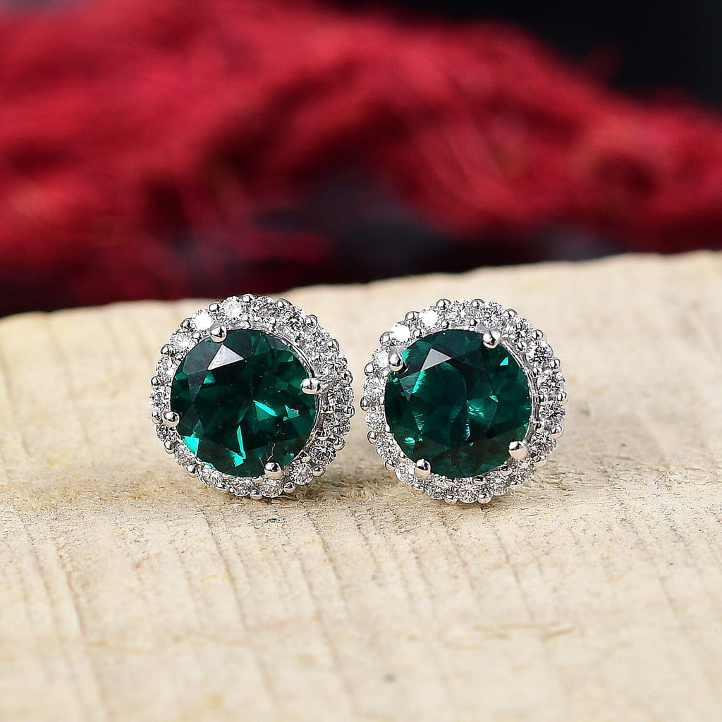 Luxuriant 9K White Gold AGI Certified Lab Grown Emerald & Lab Grown Diamond (I2) Earring with Push Back 2.48 Ct.