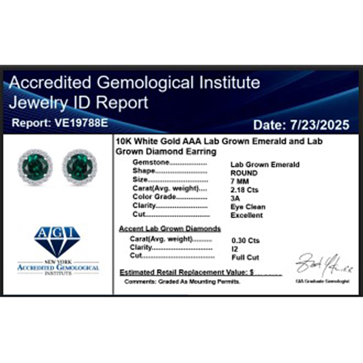 Certified &amp; Appraised LUXURIANT AAA Lab Grown Emerald, Lab Grown Diamond Halo Earring in 10K White Gold, (GH, SI) 2.62 Ct. 8111762 6