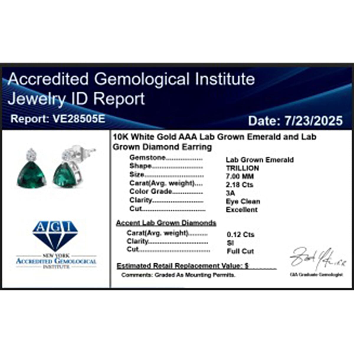 Appraised &amp; Certified LUXURIANT 10K White Gold AAA Lab Grown Emerald, Lab Grown Diamond GH, SI Solitaire Stud Push Post Earring, 2.12 Ct. 8114732 7