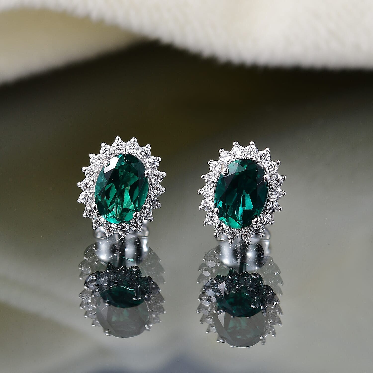 Appraised &amp; Certified LUXURIANT 10K White Gold AAA Lab Grown Emerald, Lab Grown Diamond GH, SI Solitaire Stud Push Post Earring, 2.11 Ct. 8114998 2
