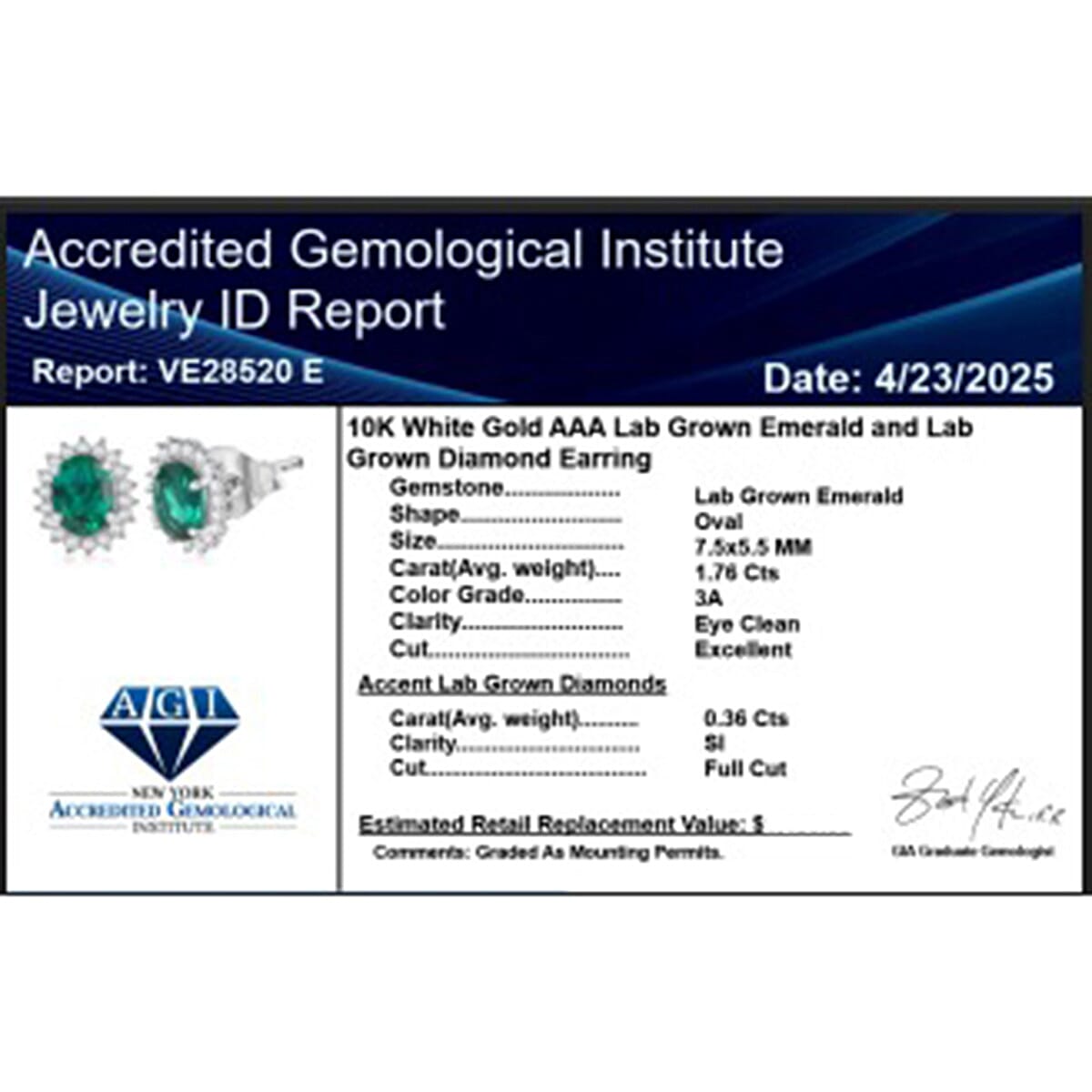 Appraised &amp; Certified LUXURIANT 10K White Gold AAA Lab Grown Emerald, Lab Grown Diamond GH, SI Solitaire Stud Push Post Earring, 2.11 Ct. 8114998 6
