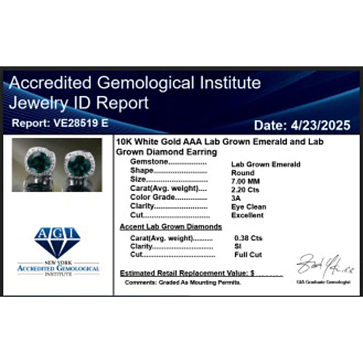 Appraised &amp; Certified LUXURIANT 10K White Gold AAA Lab Grown Emerald, Lab Grown Diamond GH, SI Solitaire Stud Push Post Earring, 2.57 Ct. 8115000 6