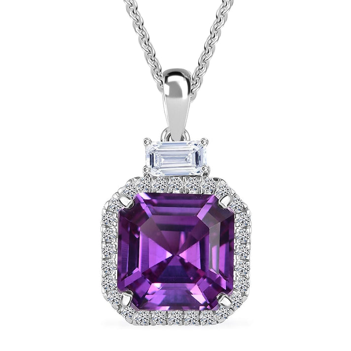 Certified &amp; Appraised LUXURIANT AAA Lab Grown Purple Sapphire, Lab Grown Diamond Halo Pendant Necklace in 10K White Gold 20 Inches 6 Ct. (E-F, VS) 4406717 1