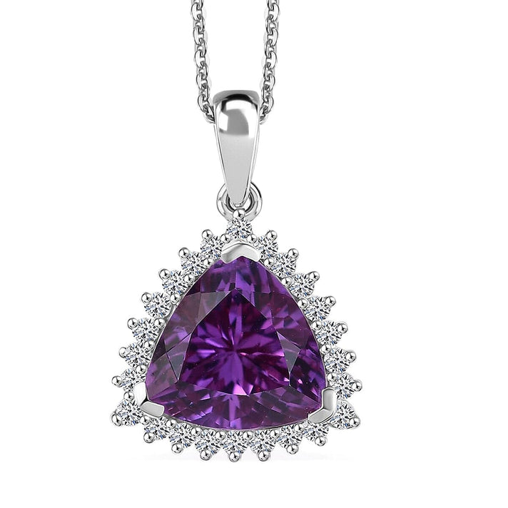 Certified &amp; Appraised LUXURIANT AAA Lab Grown Purple Sapphire, Lab Grown Diamond Halo Pendant with Chain in 10K White Gold 18 Inches (E-F, VS) 4406719 1