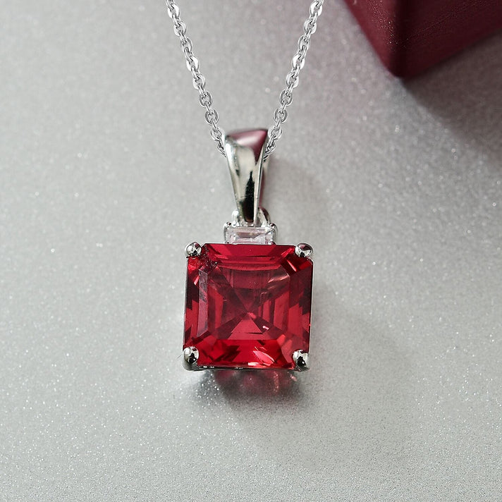 Certified &amp; Appraised LUXURIANT AAA Asscher Cut Lab Grown Padparadscha Sapphire, Lab Grown Diamond Pendant Necklace in 10K White Gold 18 Inches 3.180 Ct. (E-F, VS) 4406720 2