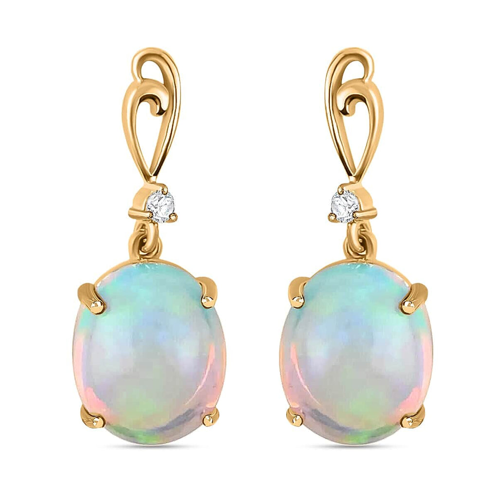 LUXURO 9K Yellow Gold AGI Certified AAA Ethiopian Opal & White Diamond Earring with Push Back 5.01 Ct.