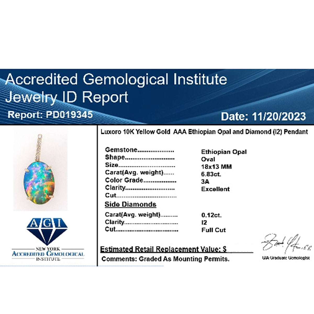 Appraised and Certified 6.96 Ct. Ethiopian Welo Opal, Diamond Solitaire Pendant in 10K Yellow Gold 7682525 6