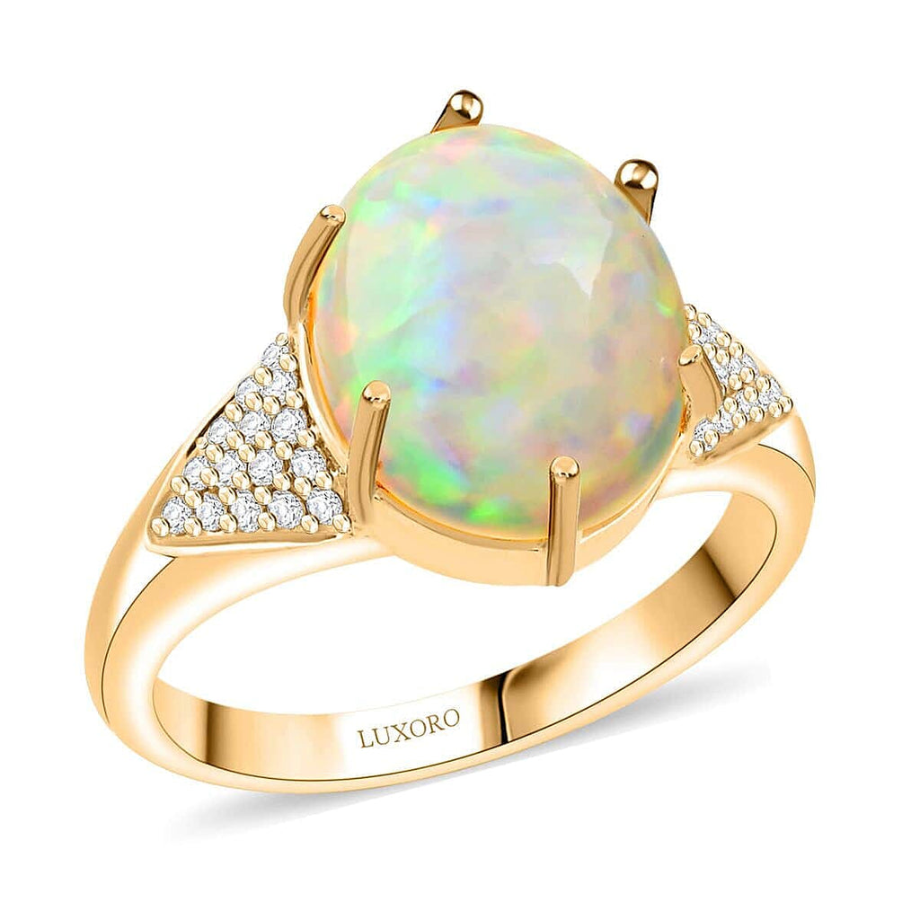 Luxoro 9K Yellow Gold AGI Certified AAA Ethiopian Opal & White Diamond (I2) Ring 2.80 Ct.