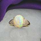 Luxoro 9K Yellow Gold AGI Certified AAA Ethiopian Opal & White Diamond (I2) Ring 2.80 Ct.