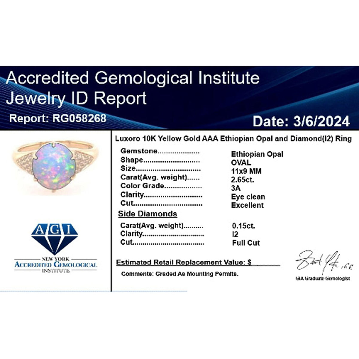 10K Yellow Gold AAA Ethiopian Opal, White Diamond I2 Ring 2.80 cts. 7744760 7