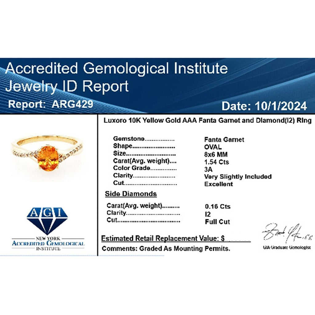 10K Yellow Gold AGI Certified AAA Fanta Garnet & White Diamond Solitaire Ring 1.70 Ct, Gold Wt. 3.60 Gms