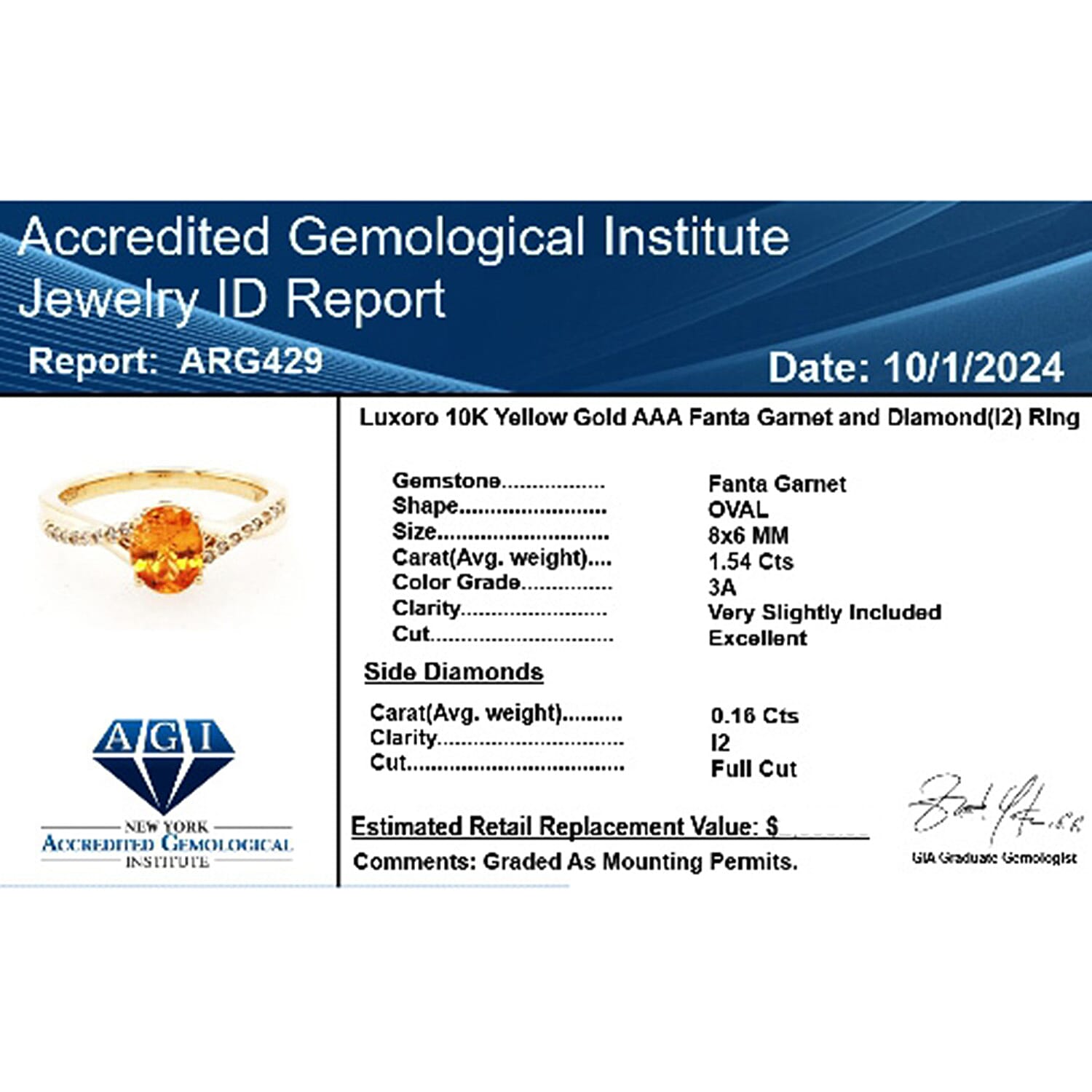 Appraised and Certified 1.7 Ct. Fanta Garnet, Diamond Solitaire Ring in 10K Yellow Gold 7958211 6