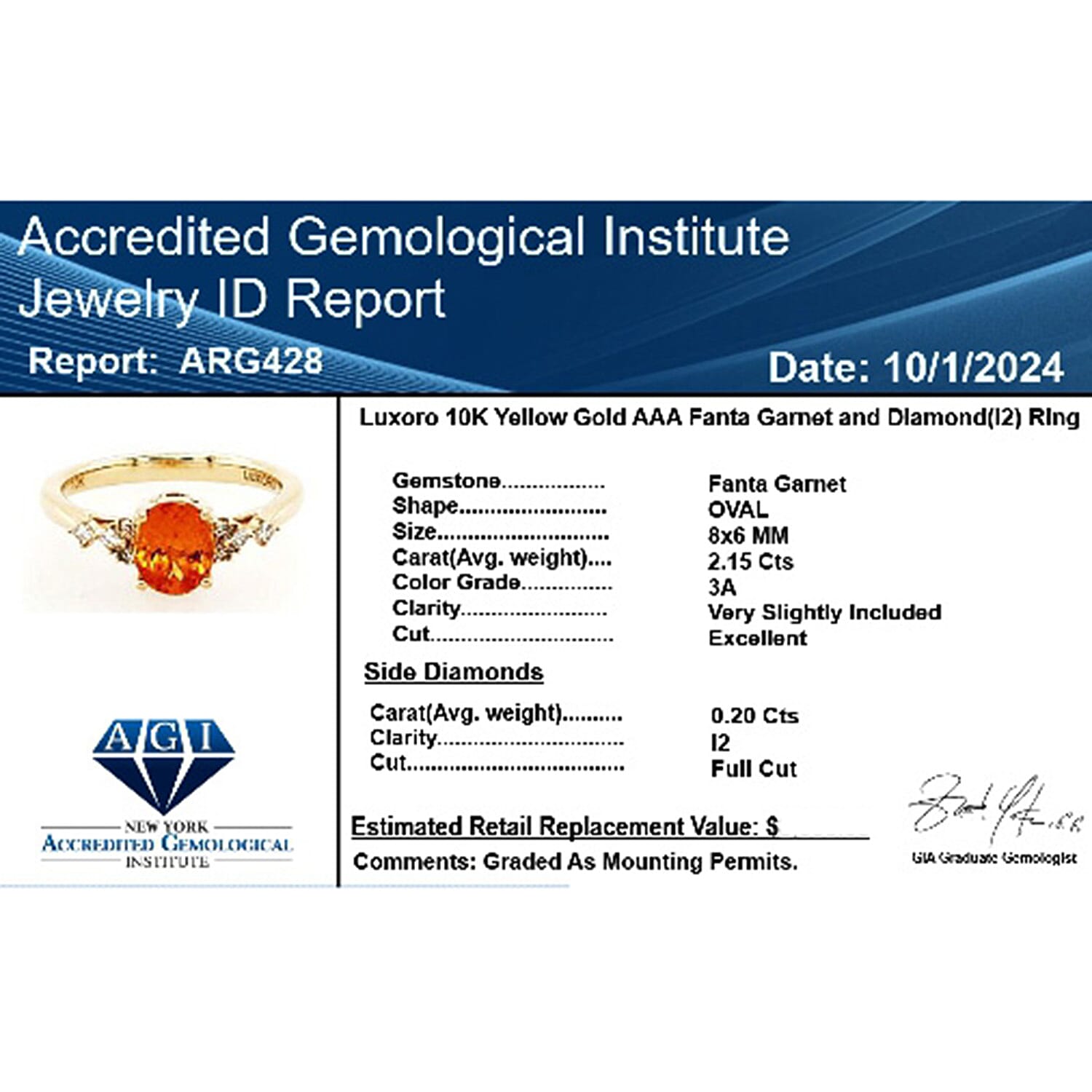 Certified &amp; Appraised LUXORO 2.35 Ct. AAA Fanta Garnet, Diamond Ballerina Ring in 10K Yellow Gold, AGI Certified 7958196 6