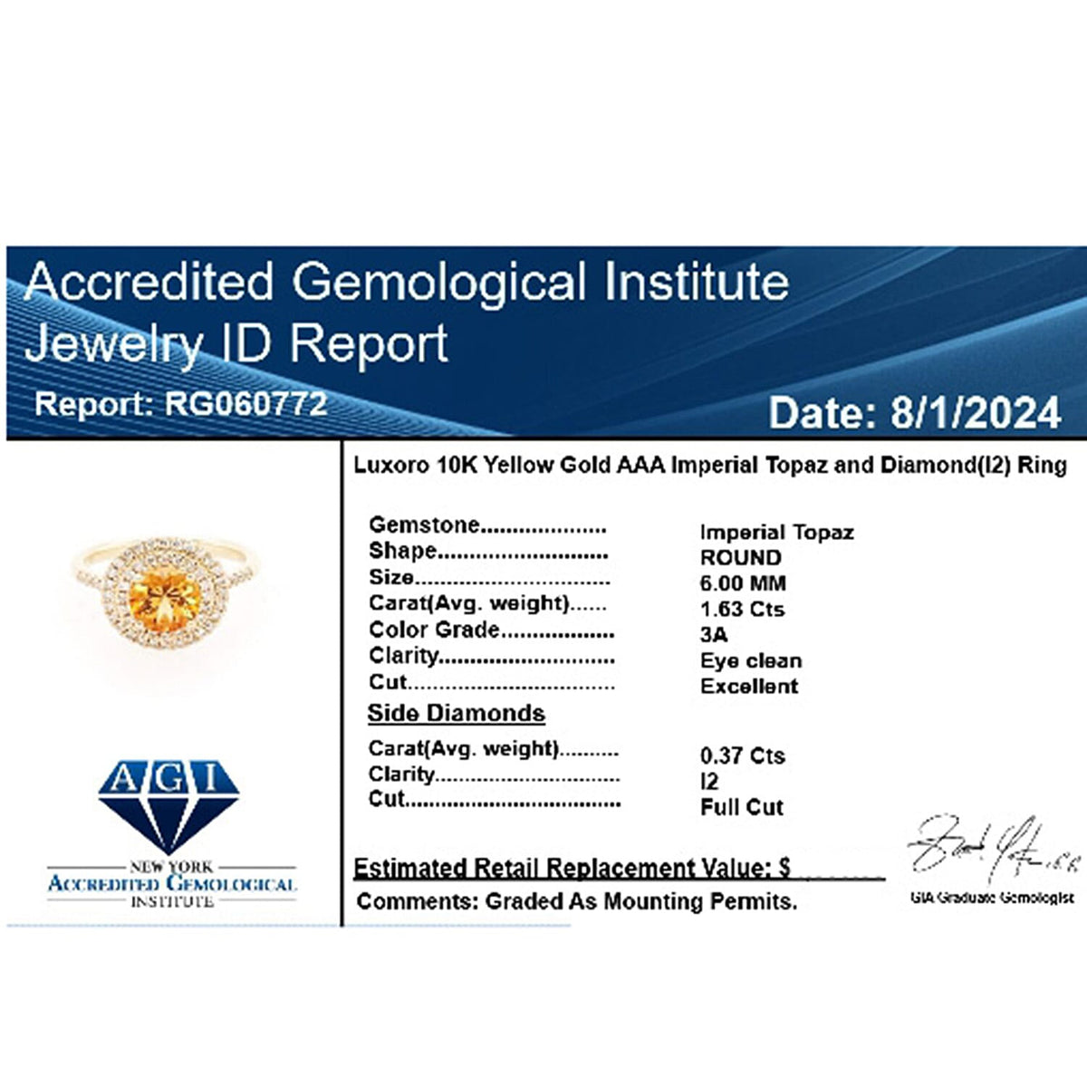 Appraised and Certified 2 Ct. Topaz, Diamond Halo Ring in 10K Yellow Gold 7840641 5