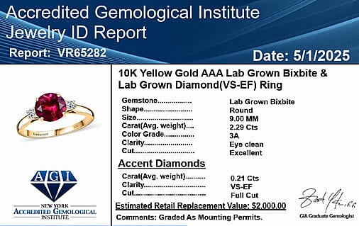 Appraised &amp; Certified LUXURIANT 10K Yellow Gold AAA Lab Grown Bixbite, Lab Grown Diamond VS-EF Solitaire Ring, 2.50 Ct. 8063184 7